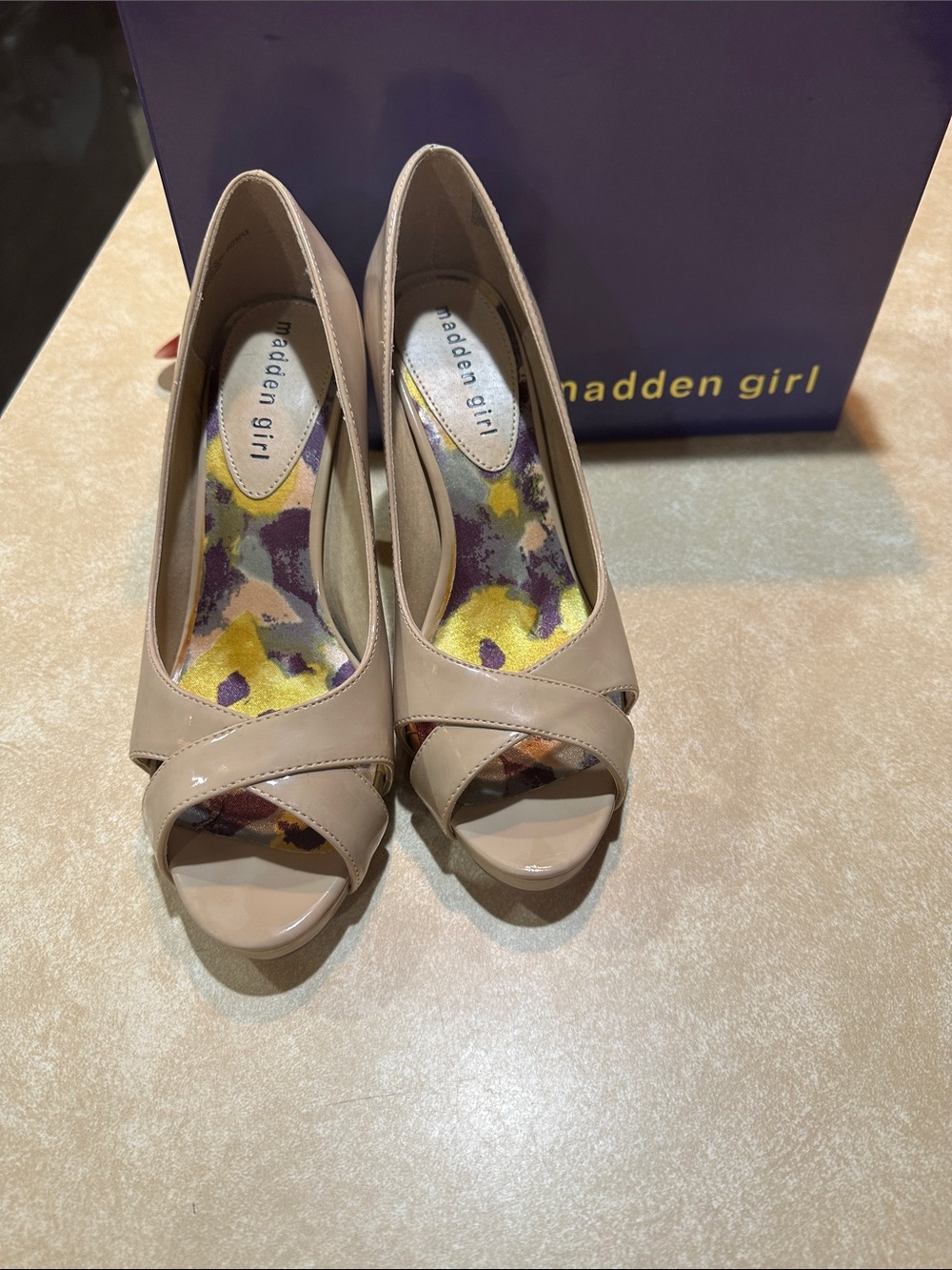 Madden Girl Beige Patent Peep-Toe Heels